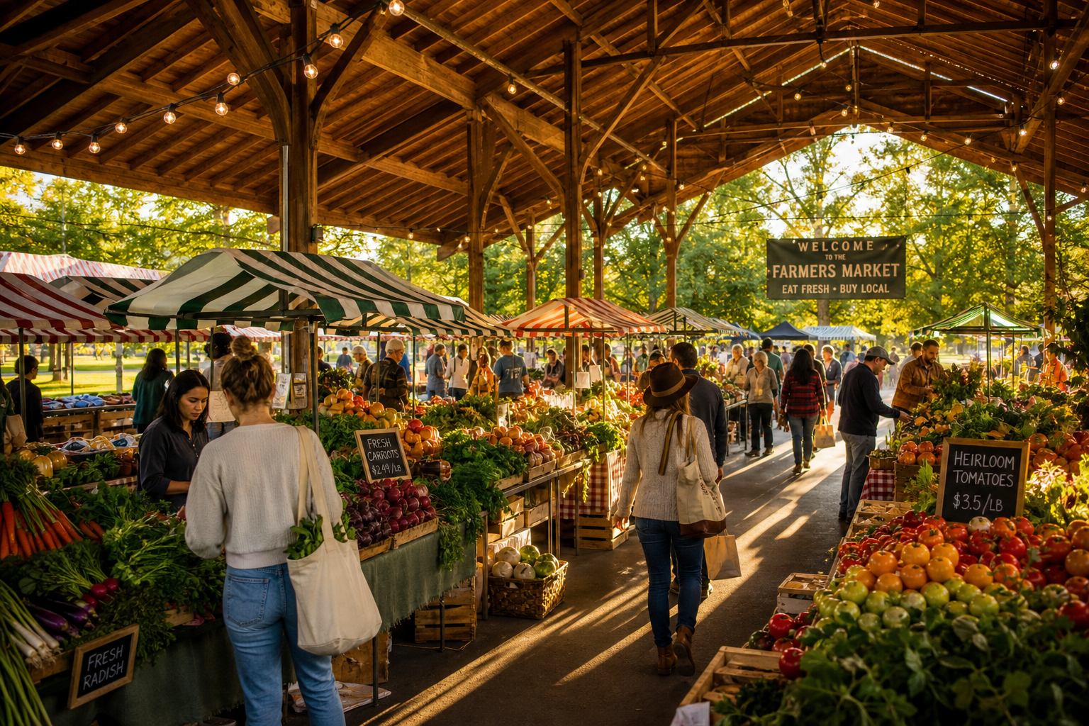 Shoppers browsing produce stalls under the pavilion at the CRCI Farmers Market