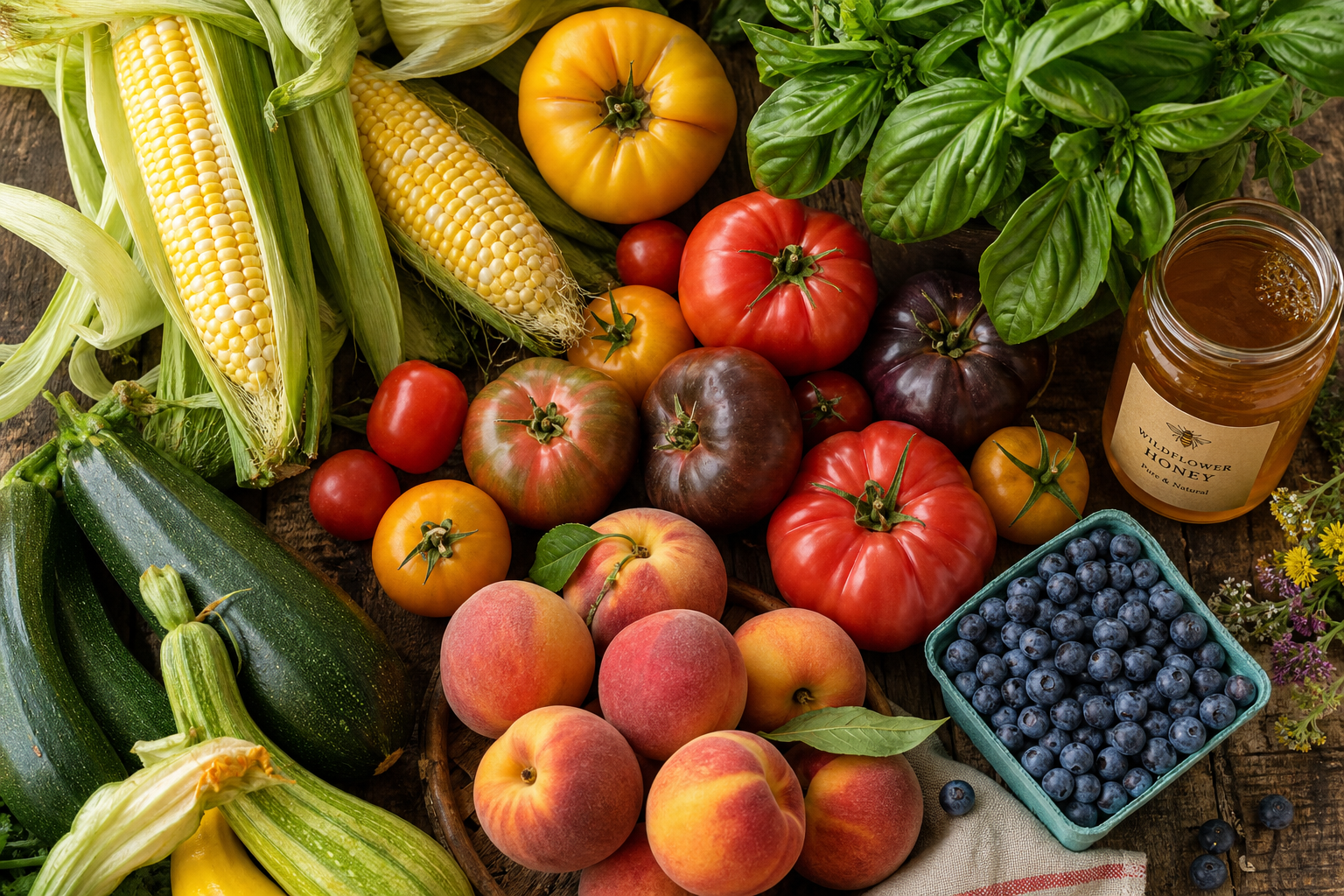 Market table piled with peak-season heirloom tomatoes, sweet corn, peaches, zucchini, basil, blueberries, and wildflower honey