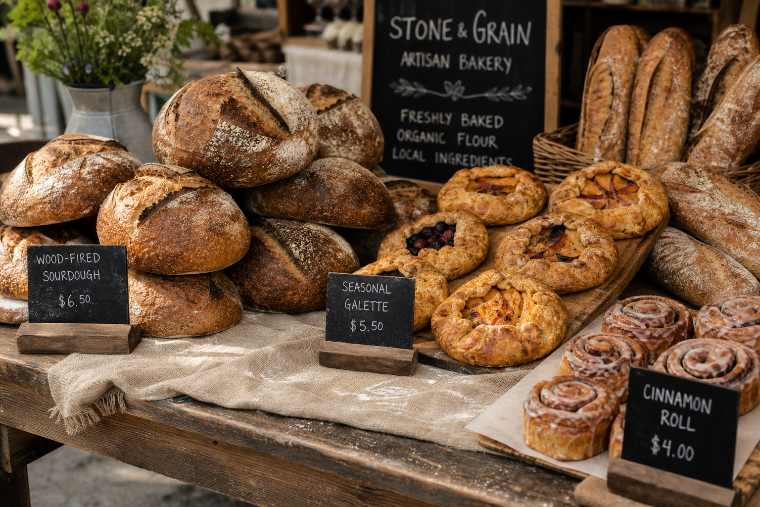 Rise and Crumb Bakery stall stacked with wood-fired sourdough loaves and pastries